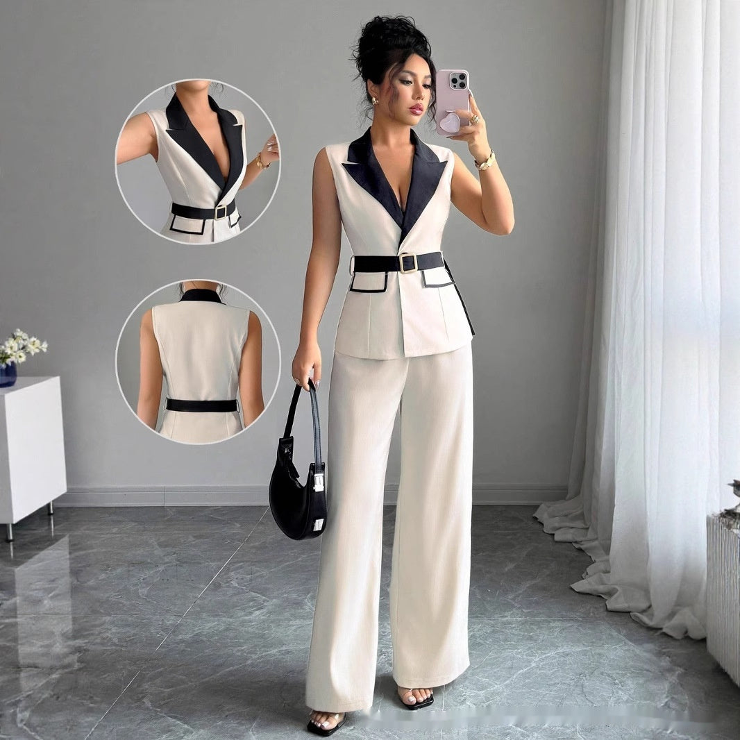Ivory sleeveless belted blazer top with navy lapel and wide-leg pants, with close-up details in the corner