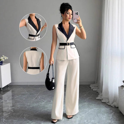 Ivory sleeveless belted blazer top with navy lapel and wide-leg pants, with close-up details in the corner