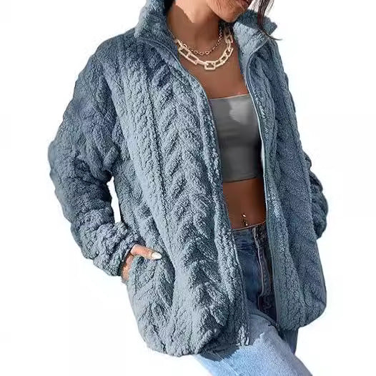 Textured cable-pattern fleece zip-up jacket with stand collar in slate blue