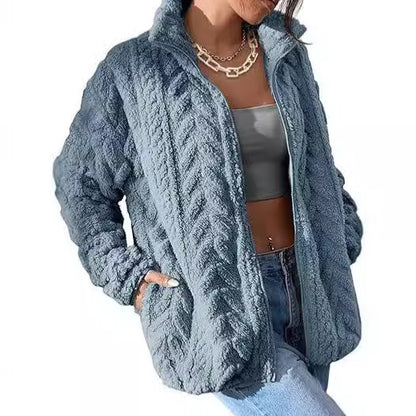 Textured cable-pattern fleece zip-up jacket with stand collar in slate blue