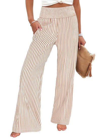 Wide-leg pants in tan and cream stripe with a smocked high waist, front view