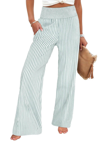 Wide-leg pants in mint and white stripe with a smocked high waist, front view