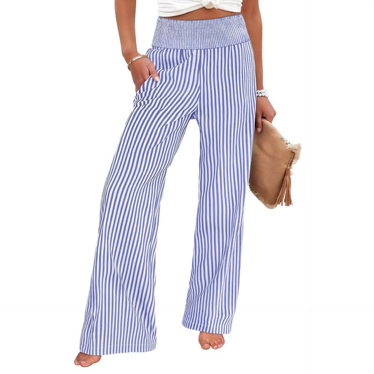 Wide-leg pants in blue and white stripe with a smocked high waist, front view