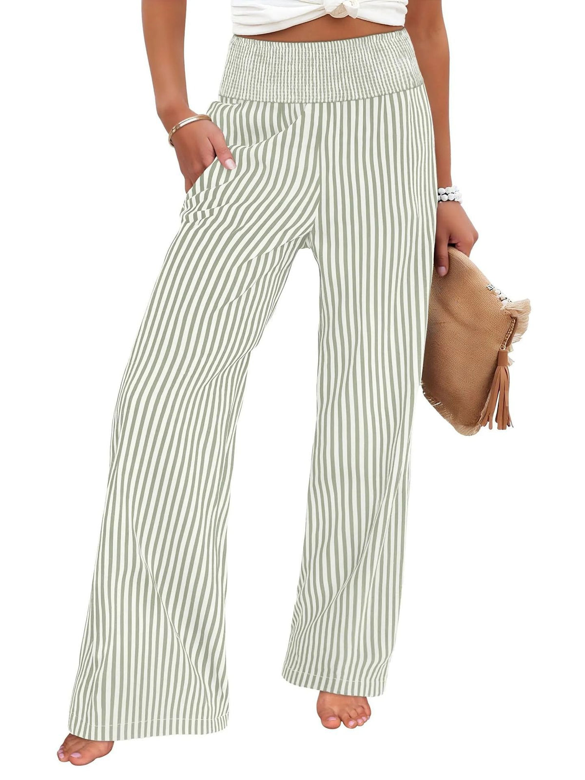 Wide-leg pants in sage and white stripe with a smocked high waist, front view