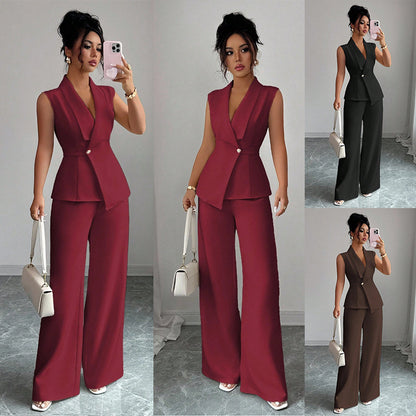 Sleeveless blazer top and wide-leg pants set in burgundy, with the other color options shown in the corner