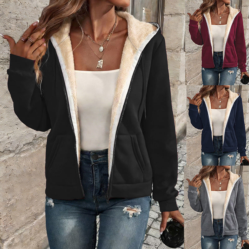 Fleece-lined zip-up hoodie with cream sherpa lining in black, with the other color options shown in the corner