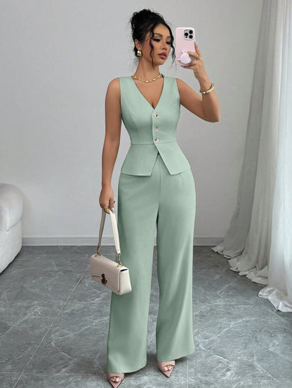 Open sleeveless button-front vest top and wide-leg pants set in sage green, front view