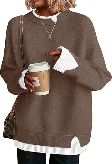 Double-layer crewneck sweater in chocolate brown with white layered cuffs and hem, front view