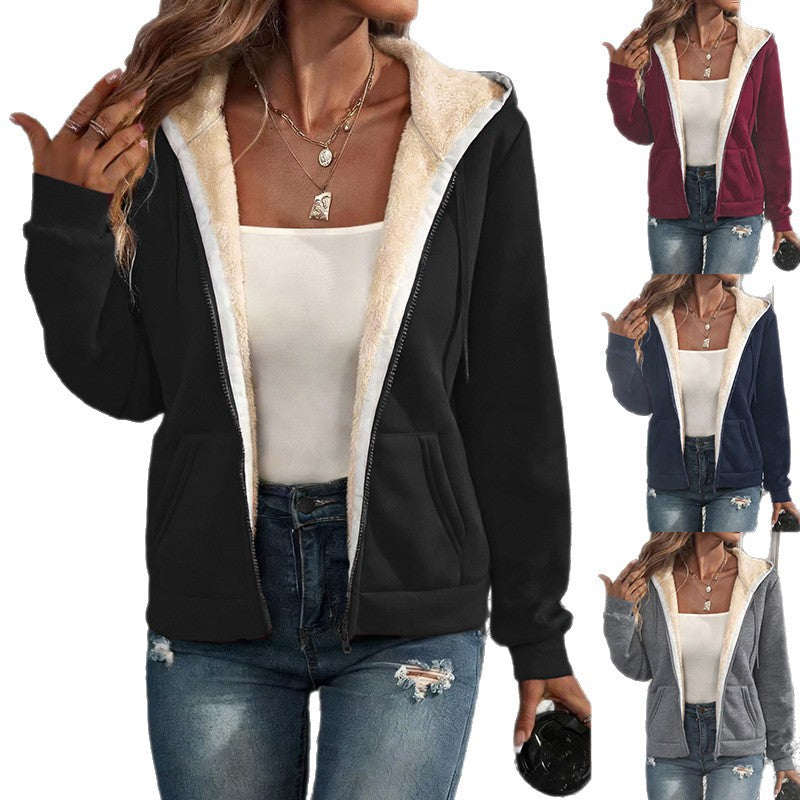 Fleece-lined zip-up hoodie with cream sherpa lining in black, with the other color options shown at the side